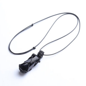 Double Pointed Obsidian Crystal Column Net Pendant