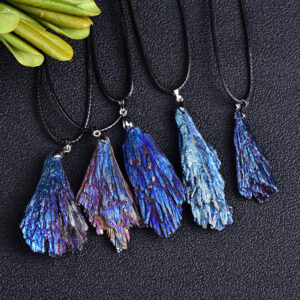 Black Tourmaline Electroplated Blue Peacock Feather Pendant Cluster