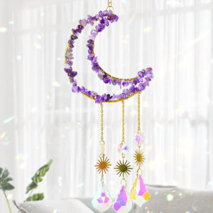 Natural Purple Pink Crystal Chip Hollow Moon Octagonal Bead Sun Catcher RS-0249