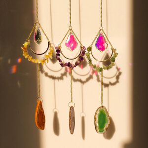 Natural Crystal Chip Moon Sun Catcher Wind Chime Agate Slice RS-0258